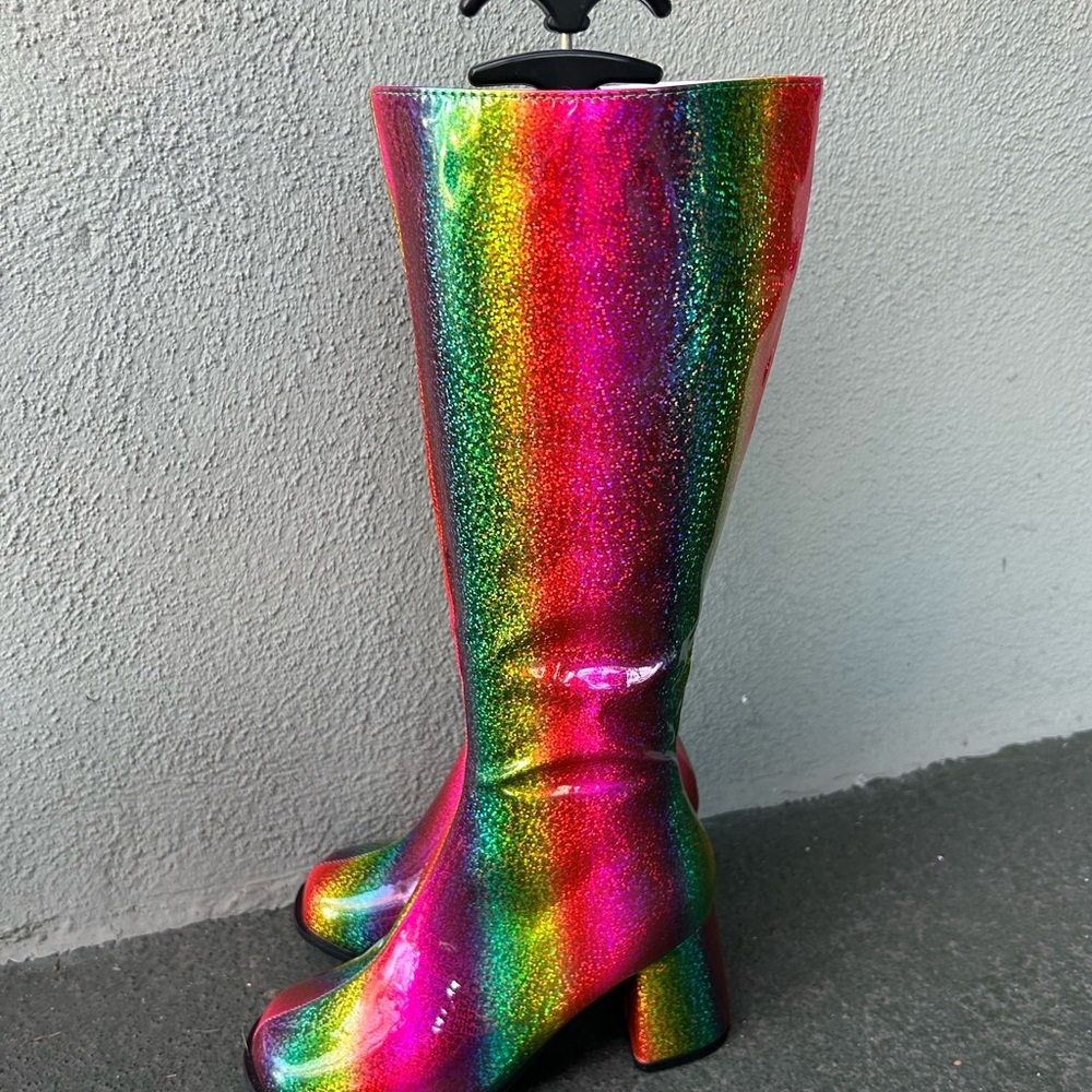 NEW Ellie Glitter Rainbow Go Go Boots Rave Raver EDM Knee High Festival Sz 7 - Picture 2 of 7